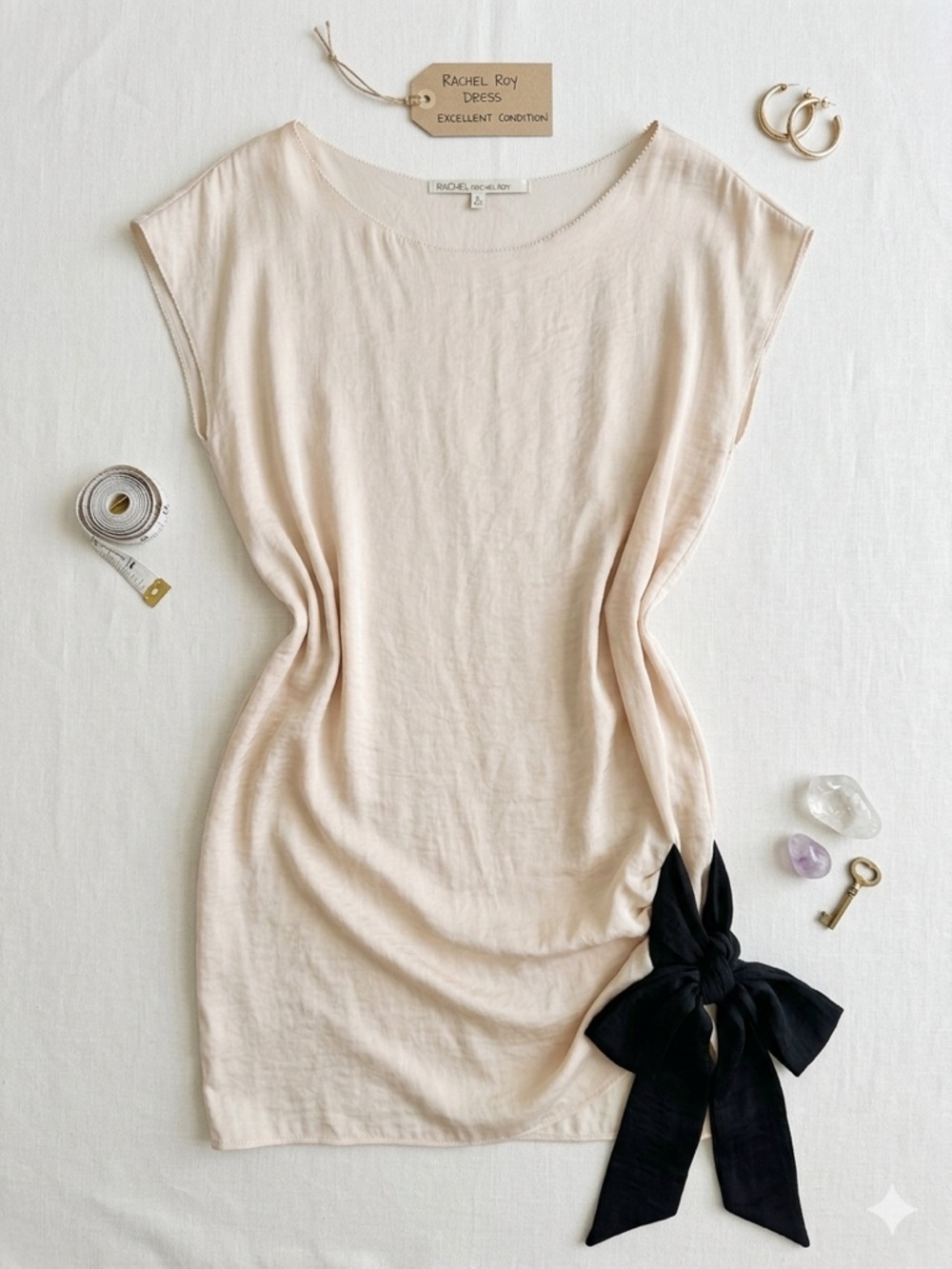 Rachel Roy Cream Satin Mini Dress with Black Side Bow